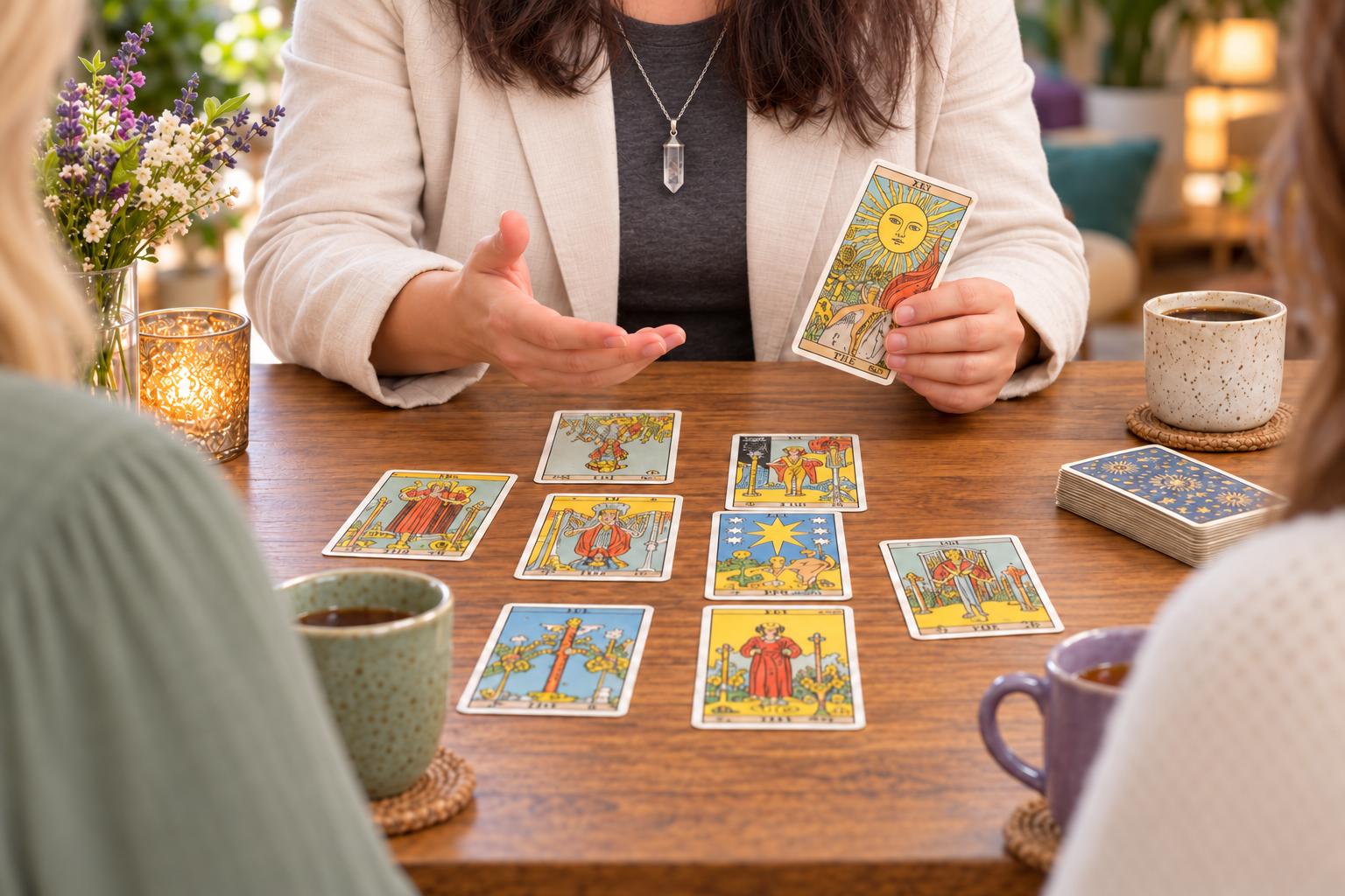 Een persoonlijke tarotreading aan tafel, met aandacht voor de handen en kaarten, een bergkristalhanger en koffie of thee voor de bezoekers