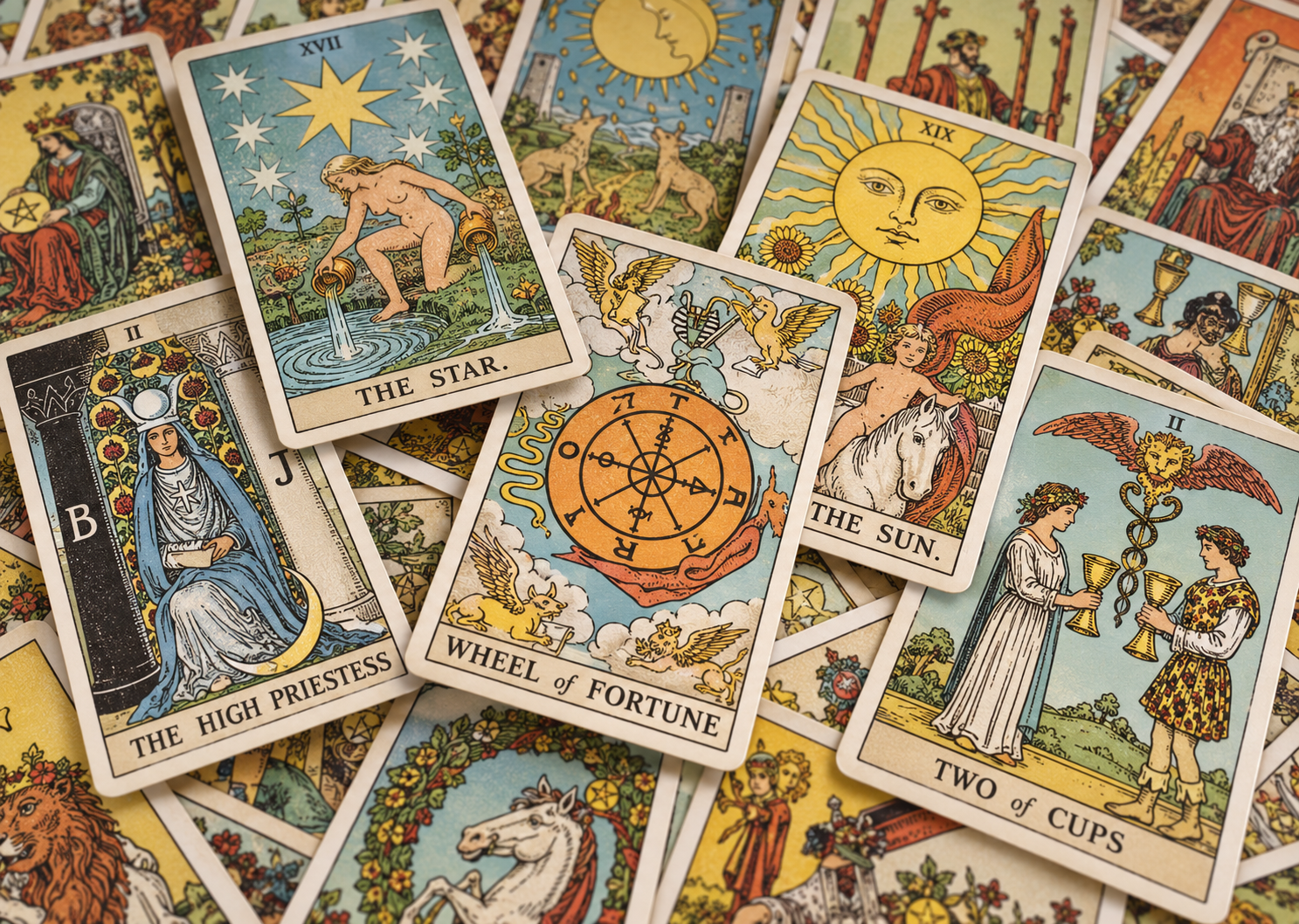 Traditionele tarotkaarten in een warme, kleurrijke kaartlegging